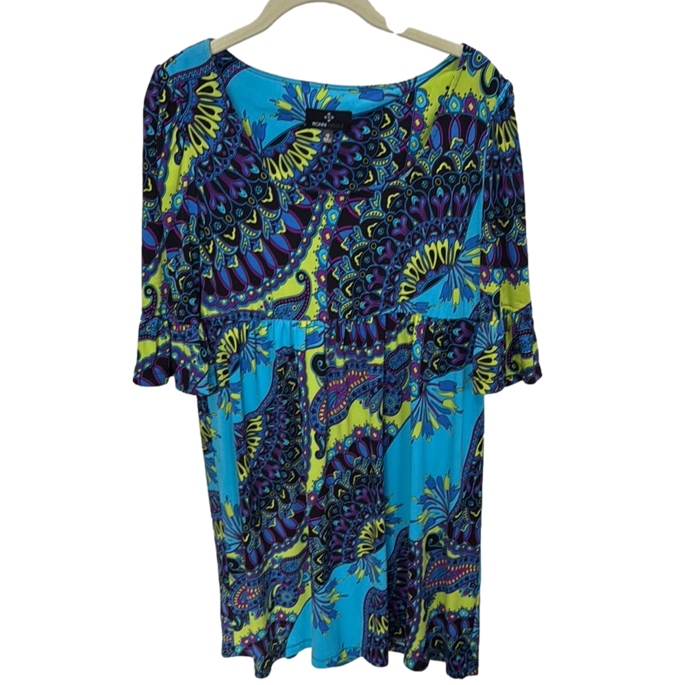 Ronni Nicole Blue Green Black Boho Flared Sleeves Dress Women's Size 12